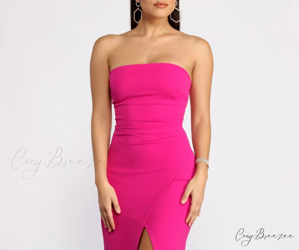 April Front Slit Charming Strapless Crepe Dress