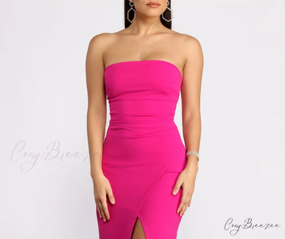 April Front Slit Charming Strapless Crepe Dress