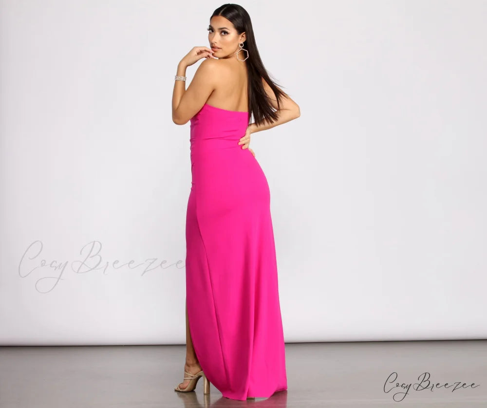 April Front Slit Charming Strapless Crepe Dress