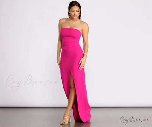 April Front Slit Charming Strapless Crepe Dress PINK / S