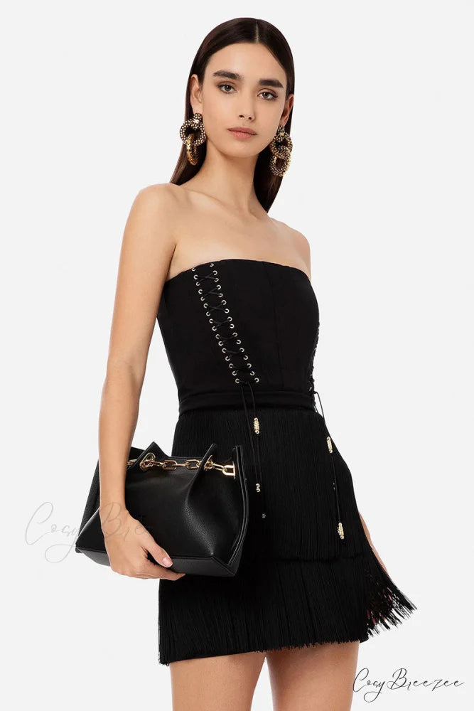 Arabella Strapless Graceful Fringe Mini Dress Black / S