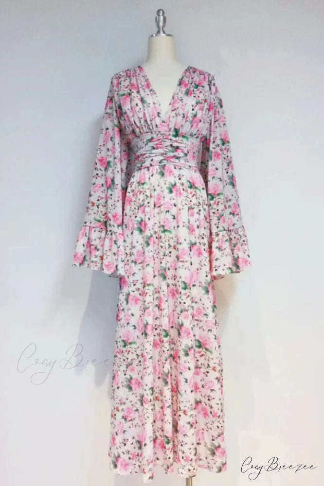 Aracely V Neck Charming Floral Maxi Dress