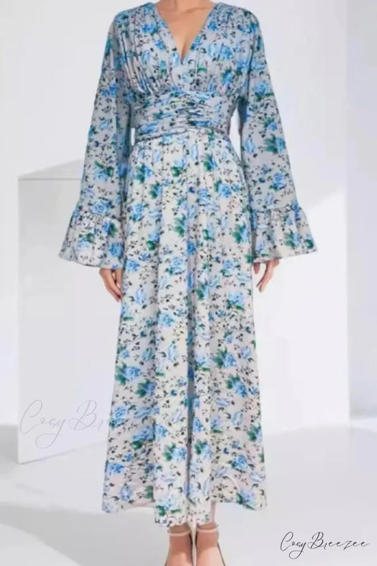 Aracely V Neck Charming Floral Maxi Dress S / Blue