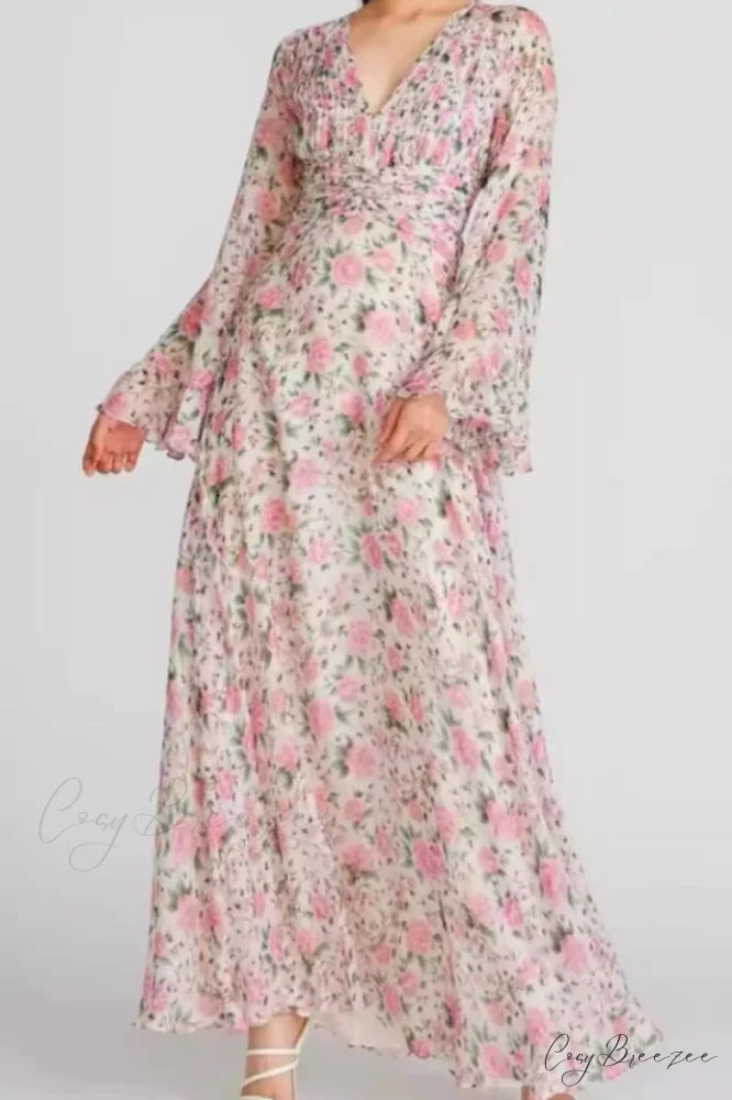 Aracely V Neck Charming Floral Maxi Dress S / Pink