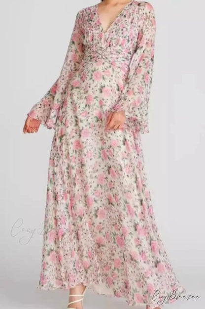 Aracely V Neck Charming Floral Maxi Dress S / Pink