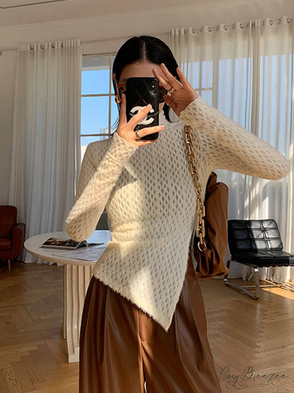 Argyle Asymmetric Graceful Mock Neck Blouse
