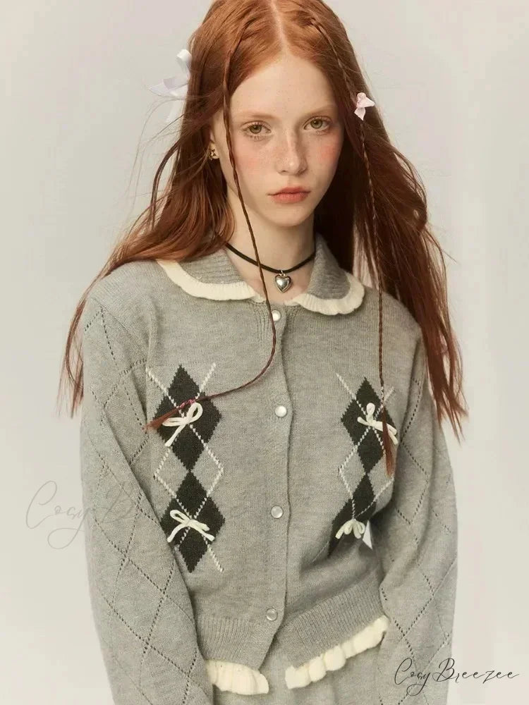 Argyle Collar Stylish Buttoned Knitted Cardigan Grey / S