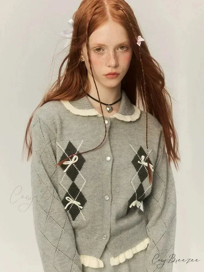 Argyle Collar Stylish Buttoned Knitted Cardigan Grey / S