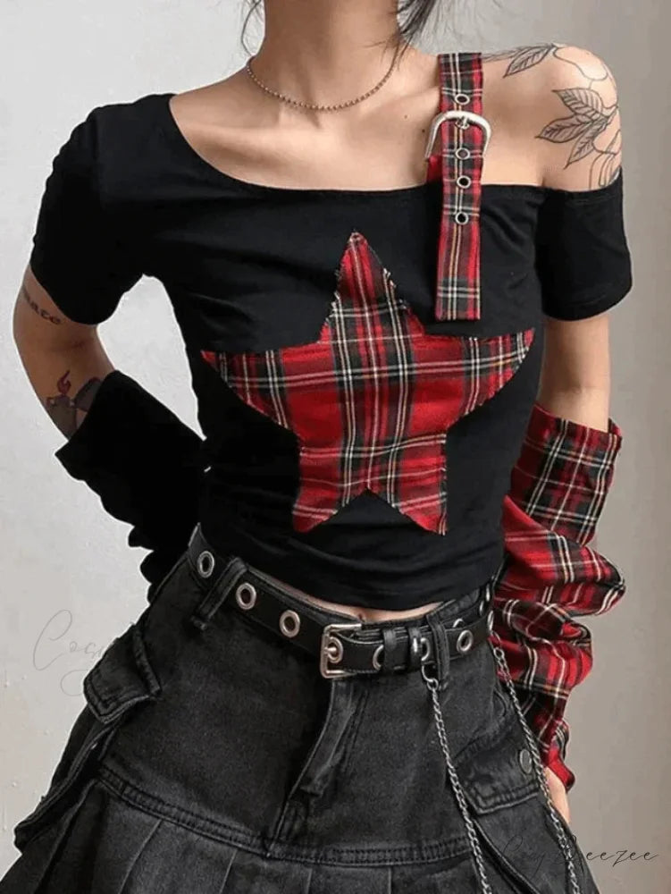 Argyll Print Crew Neck Modern Crop Tank Top - Coffee Black / S