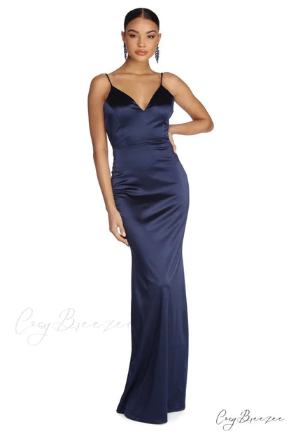 Aria Formal Stylish Satin Ruched Dress NAVY / XS