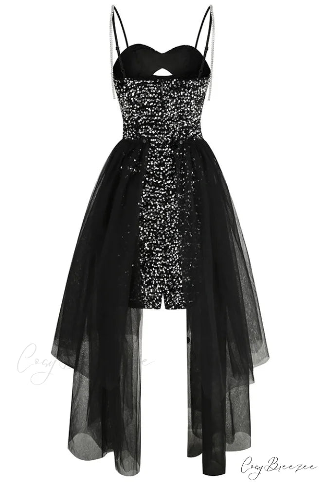 Ariel Black Stylish Sequin Diamante Dress
