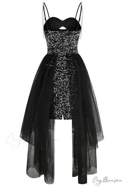 Ariel Black Stylish Sequin Diamante Dress