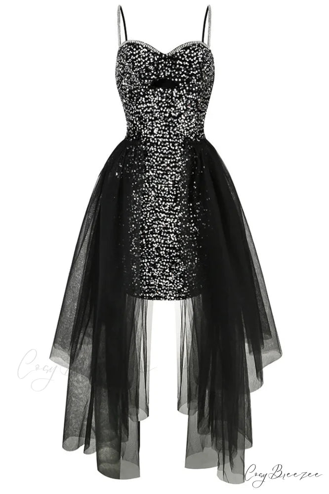 Ariel Black Stylish Sequin Diamante Dress