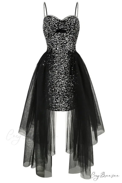 Ariel Black Stylish Sequin Diamante Dress