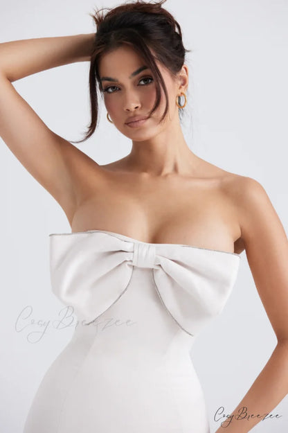 Ariella Ivory Satin Charming Crystal Bow Dress