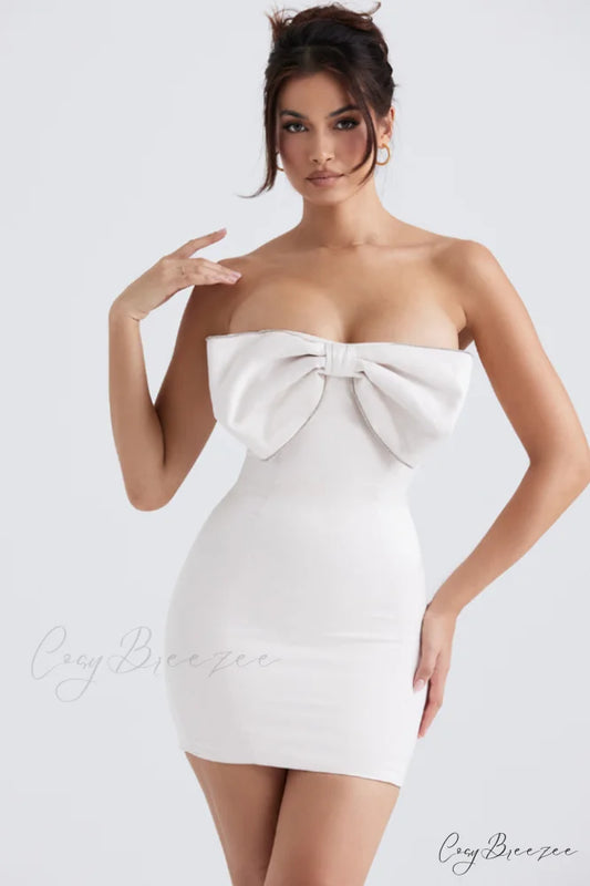 Ariella Ivory Satin Charming Crystal Bow Dress XS / Ivory