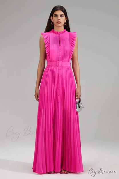 Aries Pleated Graceful Maxi Dress Hot Pink / S
