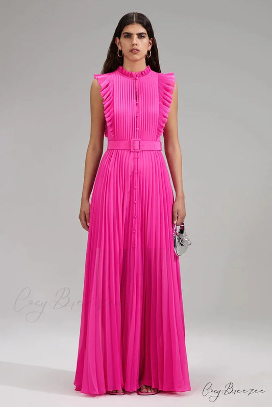 Aries Pleated Graceful Maxi Dress Hot Pink / S