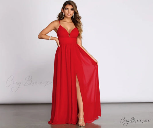 Arlyn Chiffon Deep Charming V A Line Dress RED