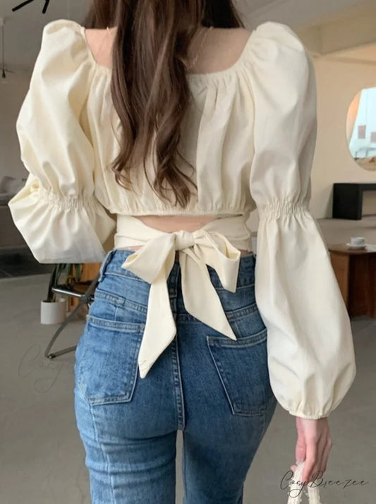 Arm 2024 - Spring/Summer Women’s Puff French Style Chic Neckline Boxy Blouse Shirt Creamy-white / One Size