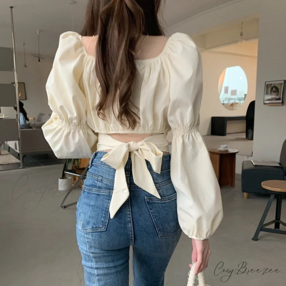 Arm 2024 - Spring/Summer Women’s Puff French Style Chic Neckline Boxy Blouse Shirt Creamy-white / One Size