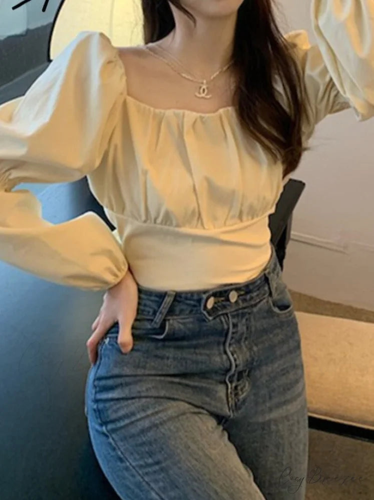 Arm 2024 - Spring/Summer Women’s Puff French Style Chic Neckline Boxy Blouse Shirt Creamy-white / One Size