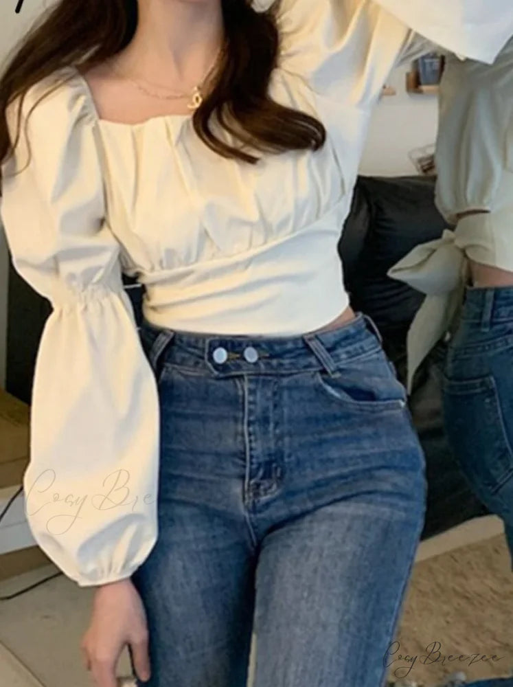 Arm 2024 - Spring/Summer Women’s Puff French Style Chic Neckline Boxy Blouse Shirt Creamy-white / One Size