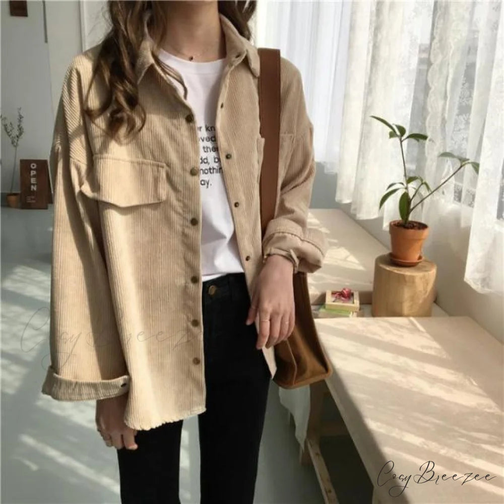 Arm Autumn Blouse Women’s Color Casual Solid Long Corduroy Coat One Size / Beige
