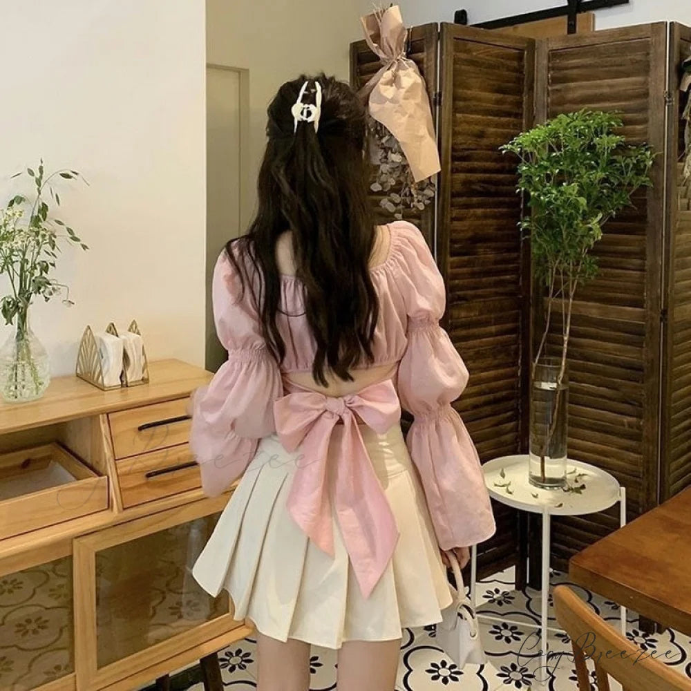 Arm Bandage Black New Cropped Pink Fashion Neck - Spring French Women Boxy Autumn Blouse Bow - Top Women Back Puff