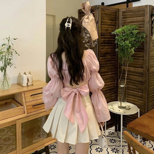 Arm Bandage Black New Cropped Pink Fashion Neck - Spring French Women Boxy Autumn Blouse Bow - Top Women Back Puff