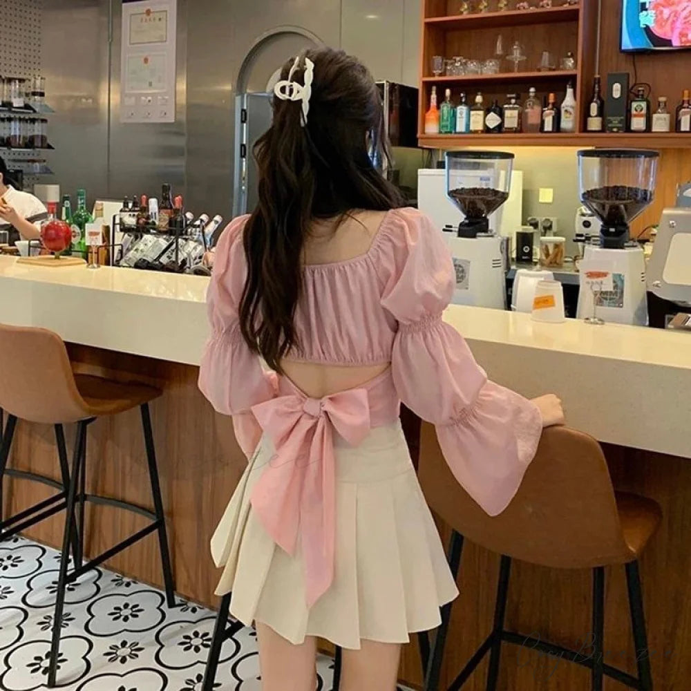 Arm Bandage Black New Cropped Pink Fashion Neck - Spring French Women Boxy Autumn Blouse Bow - Top Women Back Puff