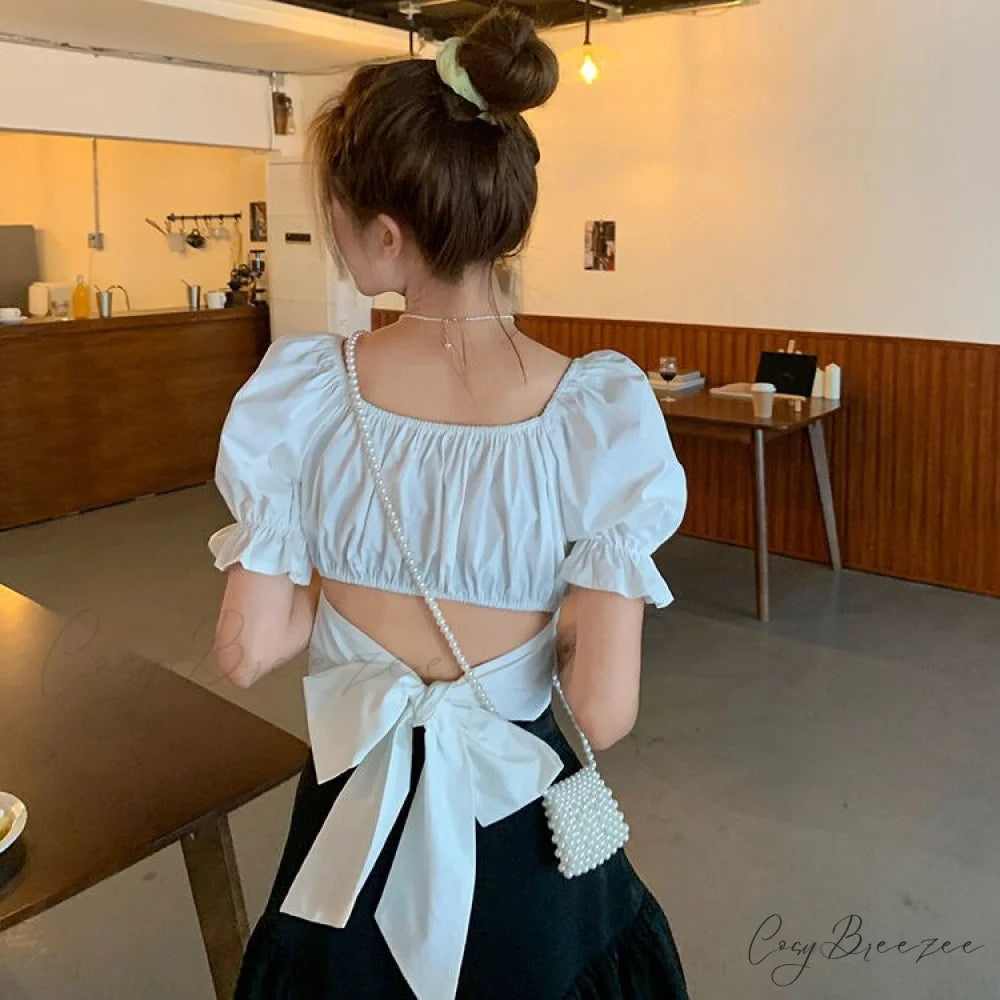 Arm Bandage Black New Cropped Pink Fashion Neck - Spring French Women Boxy Autumn Blouse Bow - Top Women Back Puff