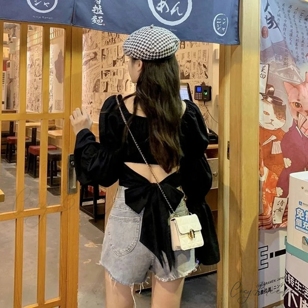Arm Bandage Black New Cropped Pink Fashion Neck - Spring French Women Boxy Autumn Blouse Bow - Top Women Back Puff