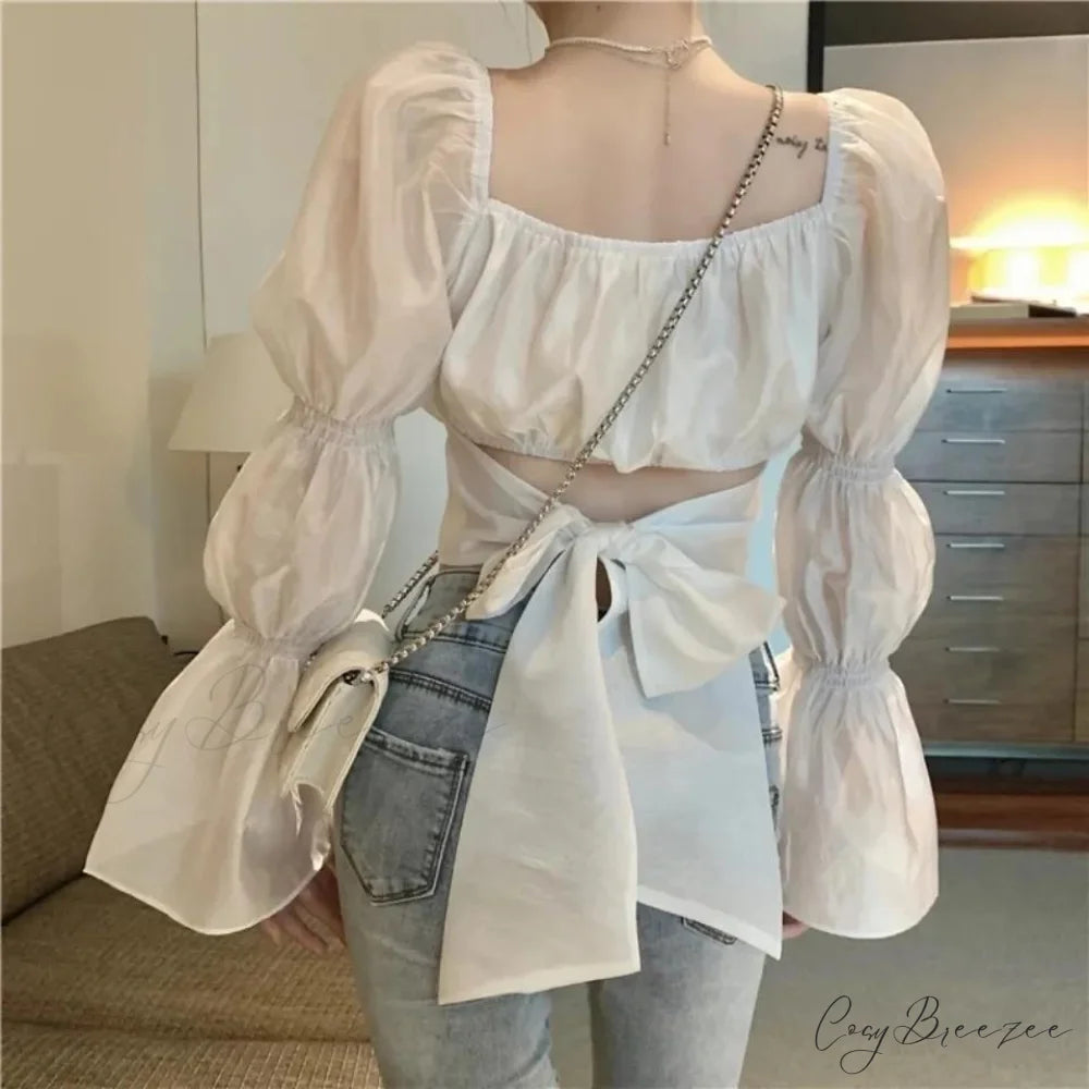 Arm Bandage Black New Cropped Pink Fashion Neck - Spring French Women Boxy Autumn Blouse Bow - Top Women Back Puff
