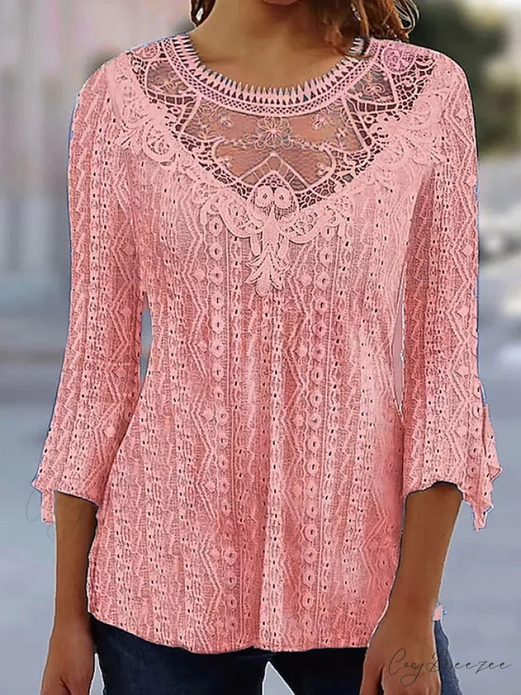 Arm Blouse Neck Black Blouse Pink Round White Lace 3/4 Casual Women’s Regular S Pink / S