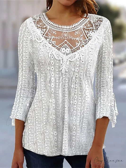 Arm Blouse Neck Black Blouse Pink Round White Lace 3/4 Casual Women’s Regular S White / S