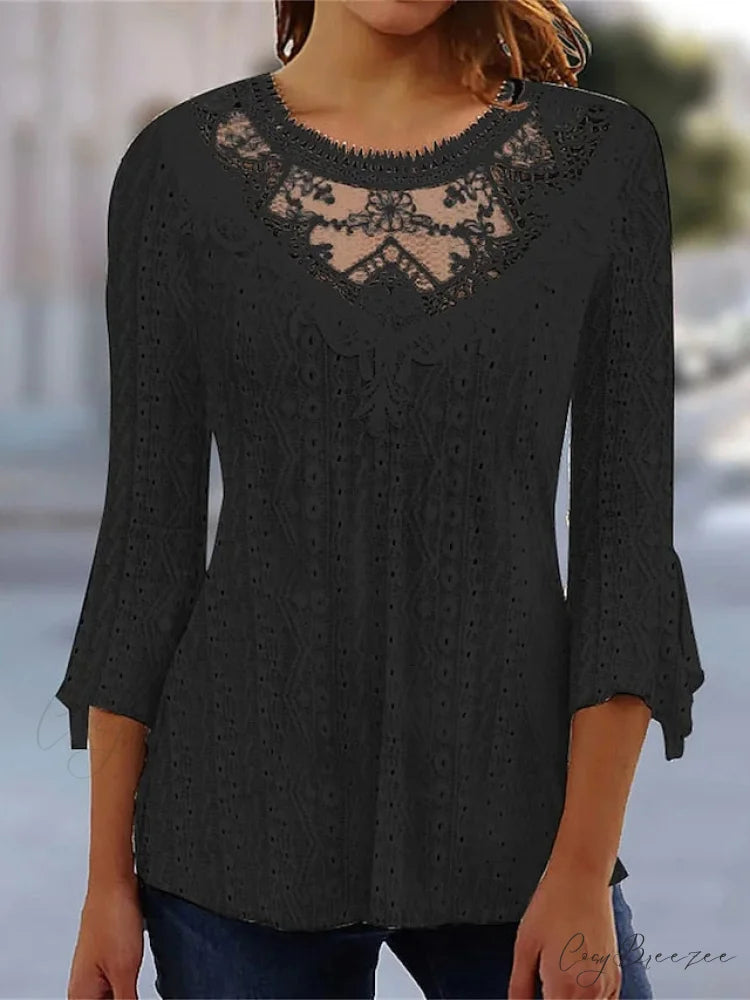 Arm Blouse Neck Black Blouse Pink Round White Lace 3/4 Casual Women’s Regular S Black / S