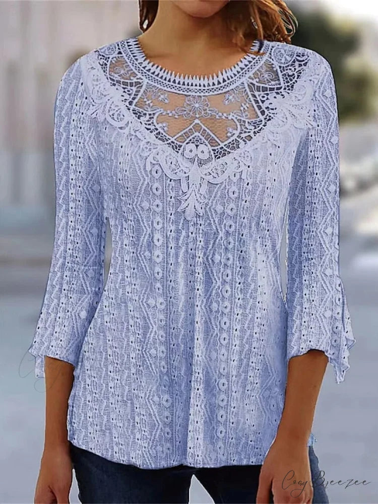 Arm Blouse Neck Black Blouse Pink Round White Lace 3/4 Casual Women’s Regular S Blue / S
