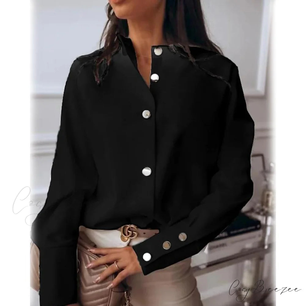 Arm Button for Neckline Colored Top Solid Long Standing Basic Women Black / S