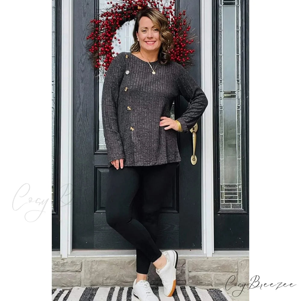 Arm Crew for Top with Neck Buttons Side Long Tunic Women