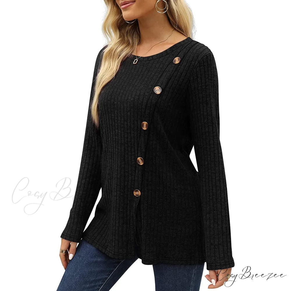 Arm Crew for Top with Neck Buttons Side Long Tunic Women