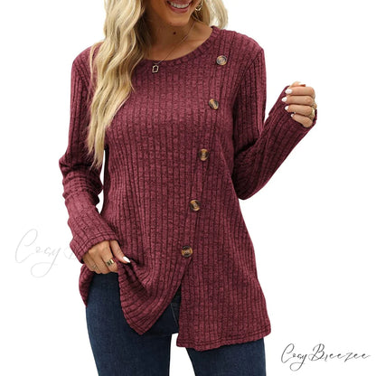 Arm Crew for Top with Neck Buttons Side Long Tunic Women