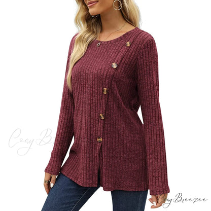 Arm Crew for Top with Neck Buttons Side Long Tunic Women