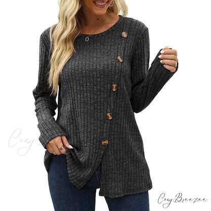 Arm Crew for Top with Neck Buttons Side Long Tunic Women