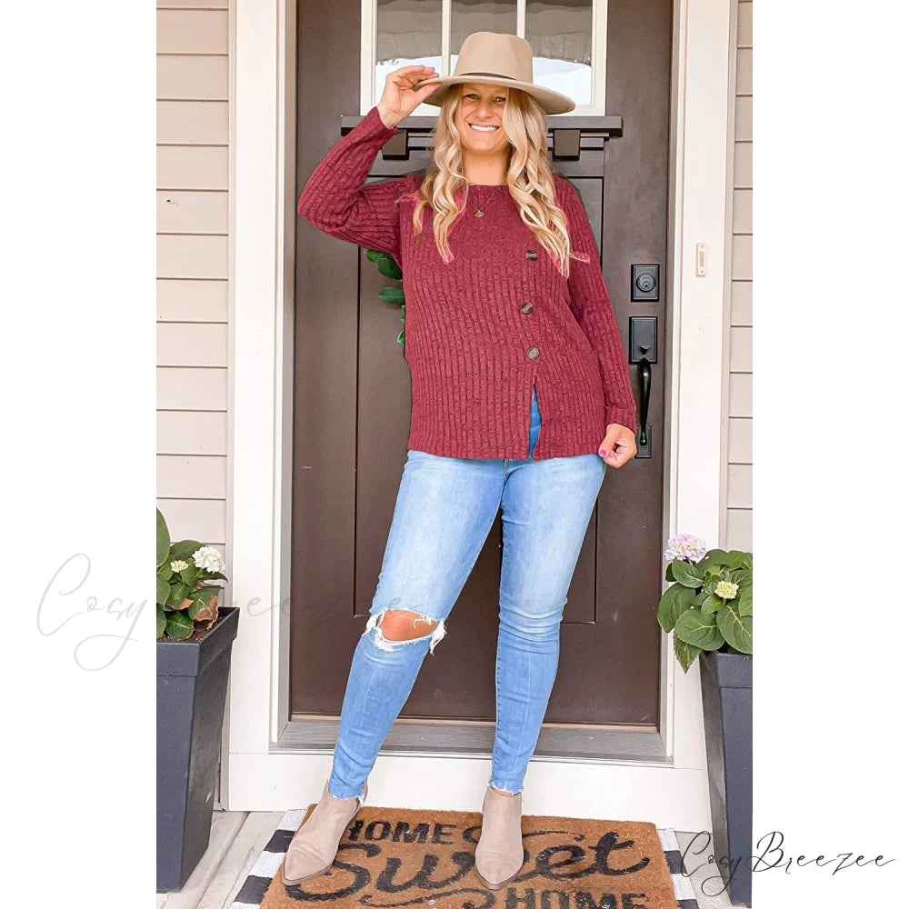 Arm Crew for Top with Neck Buttons Side Long Tunic Women