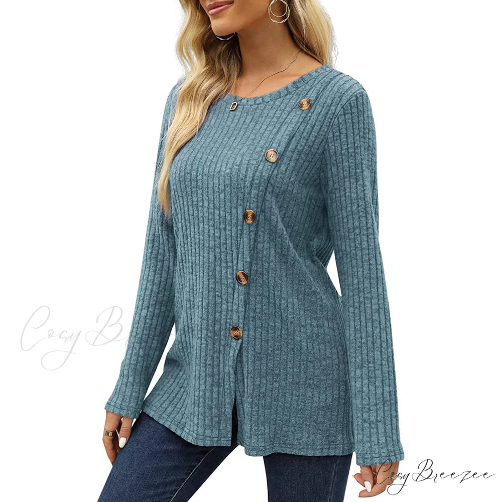 Arm Crew for Top with Neck Buttons Side Long Tunic Women
