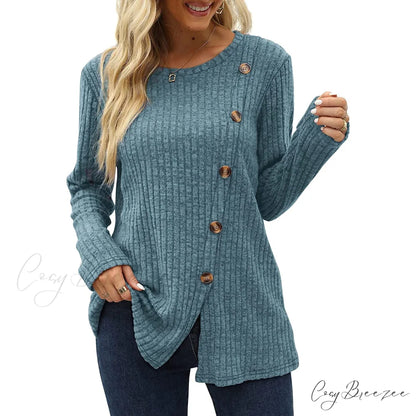 Arm Crew for Top with Neck Buttons Side Long Tunic Women