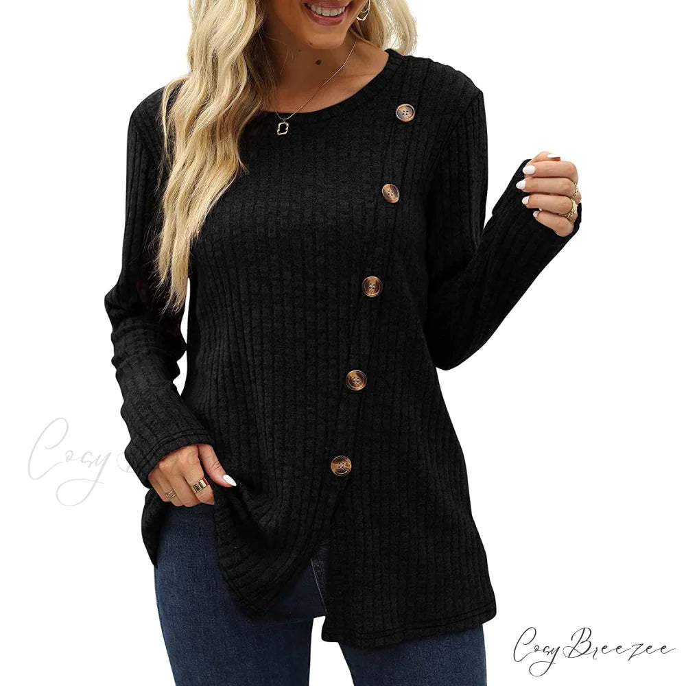 Arm Crew for Top with Neck Buttons Side Long Tunic Women