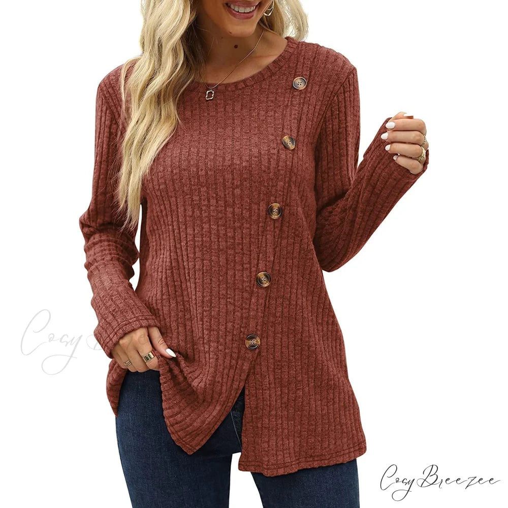 Arm Crew for Top with Neck Buttons Side Long Tunic Women