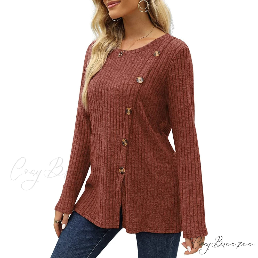 Arm Crew for Top with Neck Buttons Side Long Tunic Women